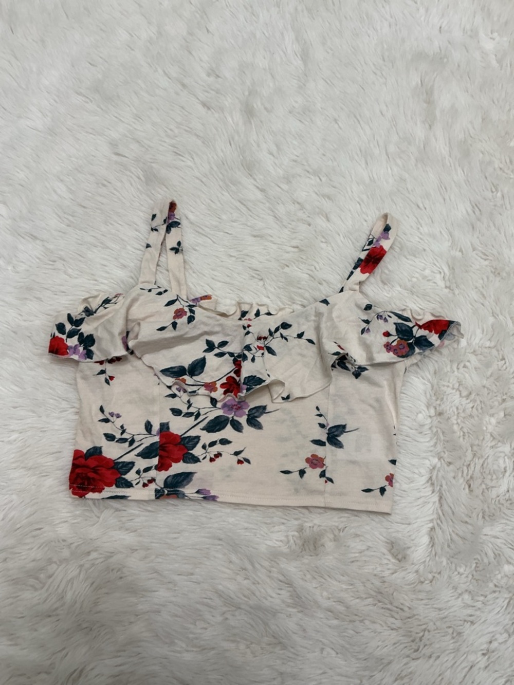 💜 American Eagle Outfitters - White Floral Ruffle Crop Tank